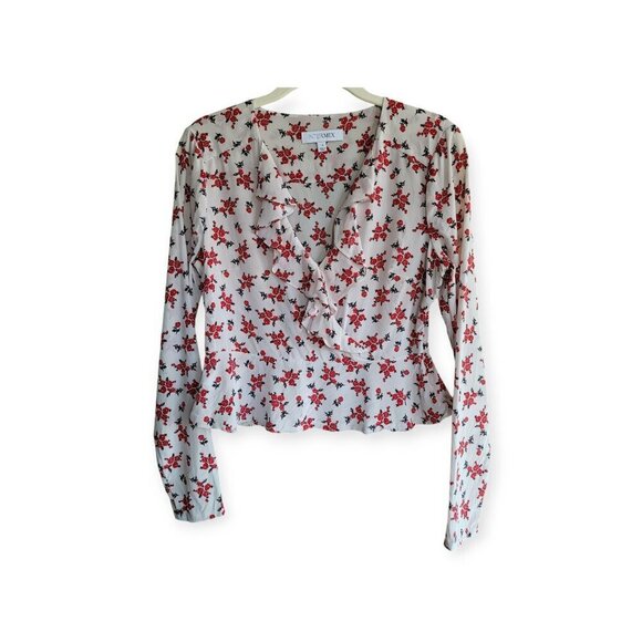 INTERMIX Evonne 100% silk Floral Top white red ruffle front feminine EUC size 4 - Picture 3 of 7